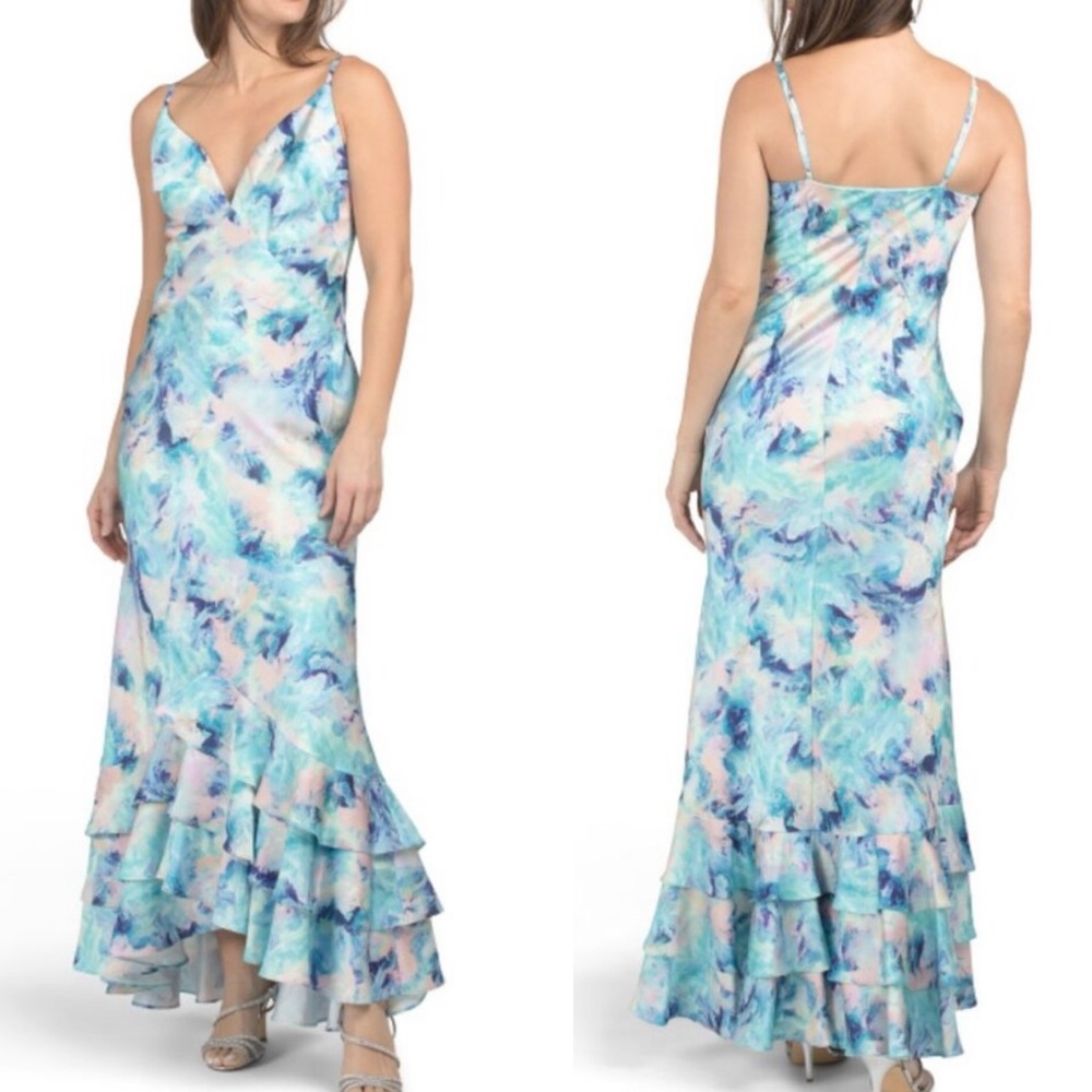 Liv Foster Floral Satin Mermaid Gown Ruffle High Low Formal Dress 12